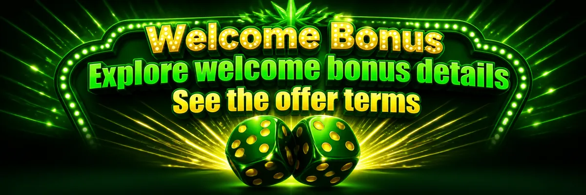 Green and yellow lucky dice beneath a glowing Vegas marquee, promoting welcome bonus details.